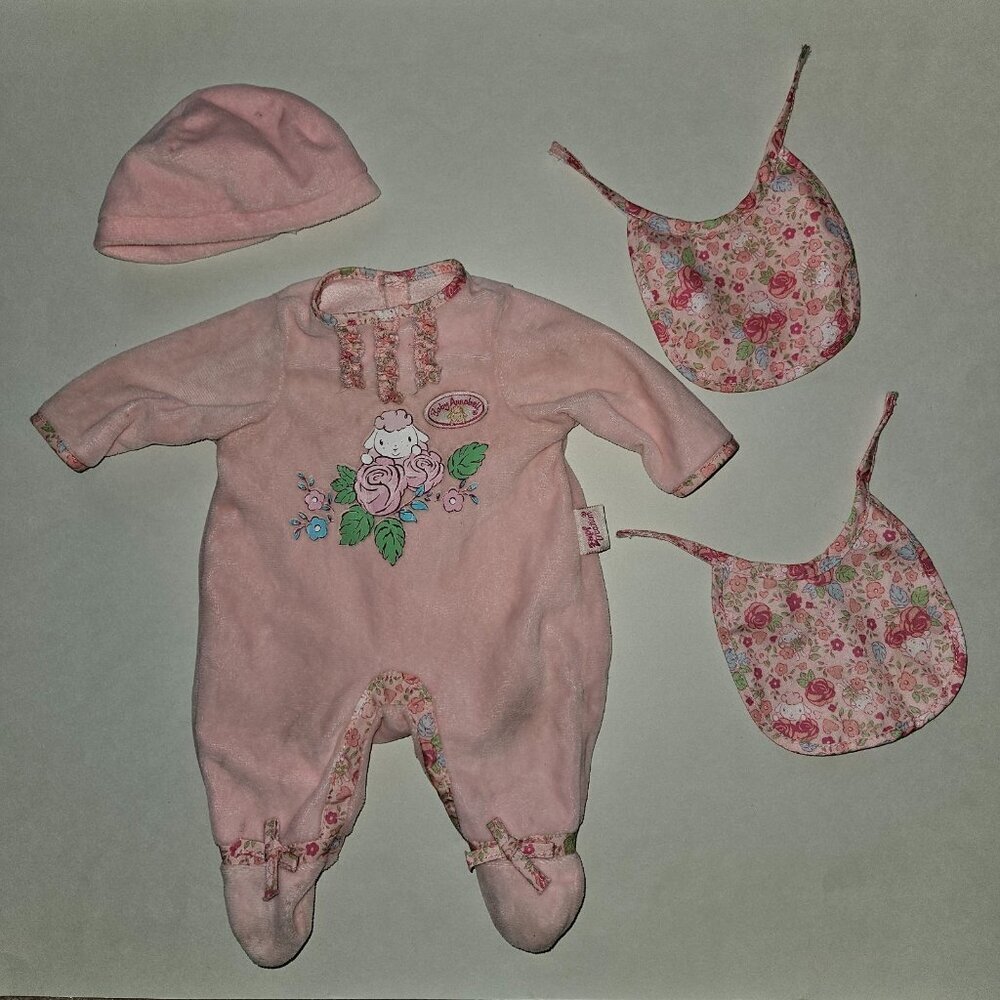Baby Annabel Doll Replacement Pink Outfit Footie Sleeper Hat 2 Bibs Sheep Roses